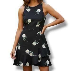 Banana Republic Size 12 Black Floral Linen Blend Mini Dress
